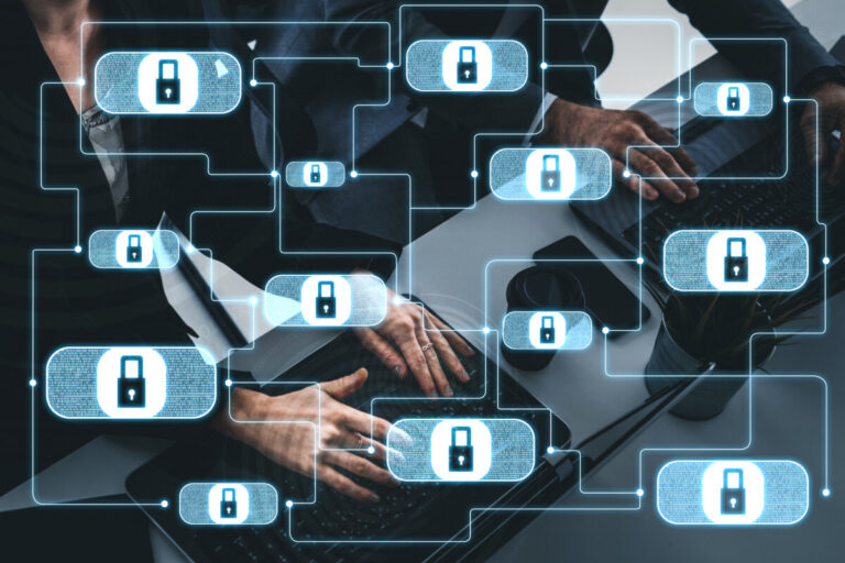 Cyber Security and Digital Data Protection Concept. Icon graphic interface showing secure firewall technology for online data access defense against hacker, virus and insecure information for privacy.